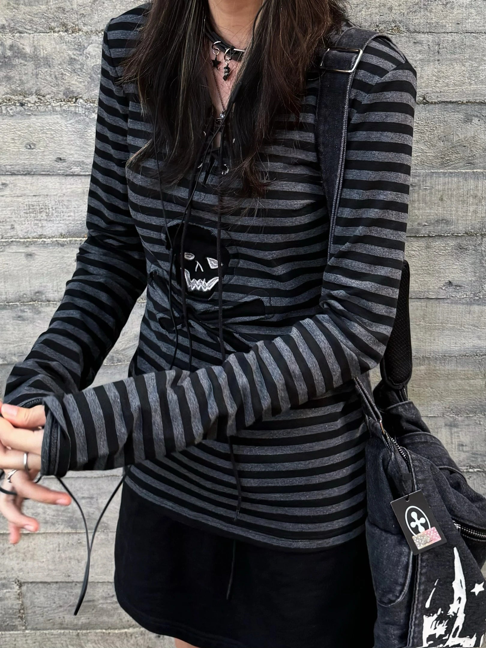 Tonngirls Gothic Retro T-shirt Women Lace Up Striped Casual Shirt Y2k Vintage Print Graphic Tops Streetwear american Grunge Tops NovaCart