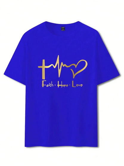 Men's Summer 100% Cotton Fashionable Casual Loose Large Size FAITH HOPE LOVE Printed Sports Round Neck Short Sleeve T-shirt Top NovaCart