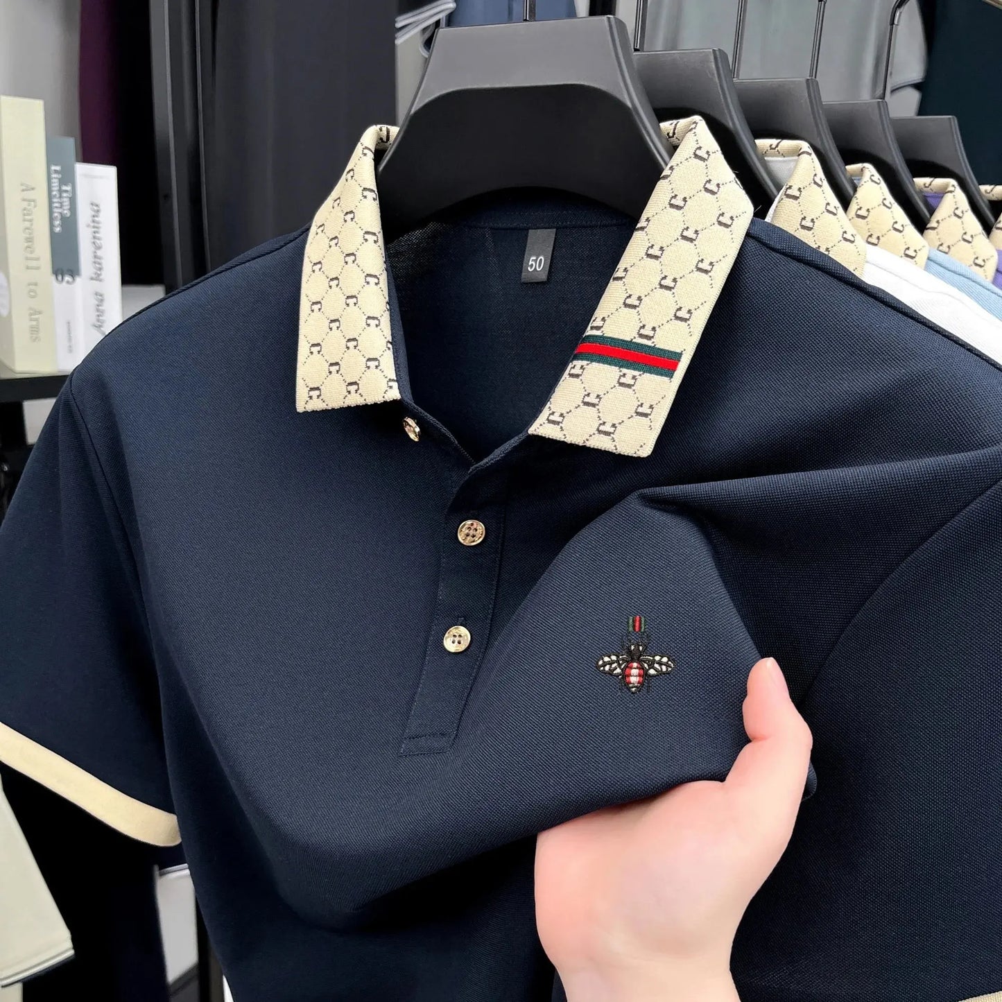Personality letter jacquard lapel short sleeve T-shirt men high-end brand Little Bee embroidery fashion trend summer polo shirt NovaCart