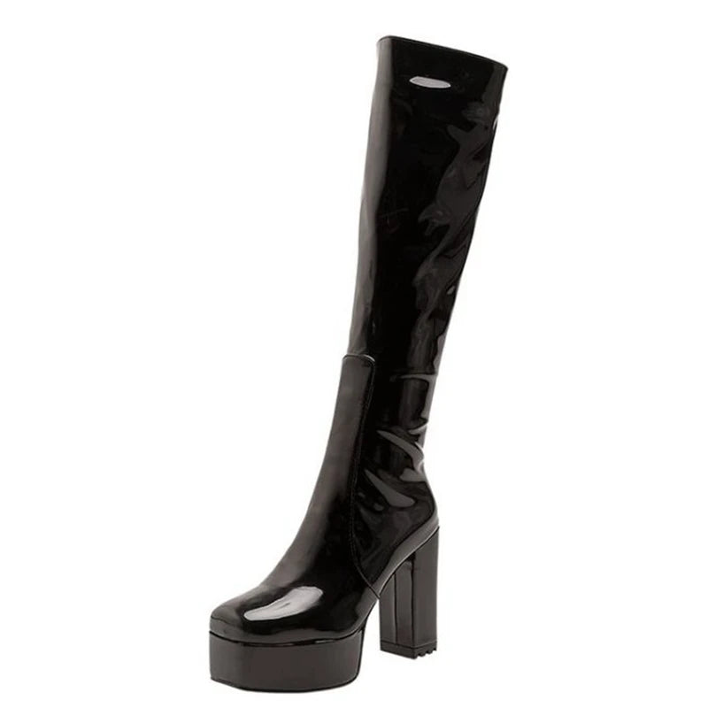 SIMLOVEYO Platform Knee High Boots Toe Block Heels Rubber Size 34-43 Black White Blue S2729 NovaCart