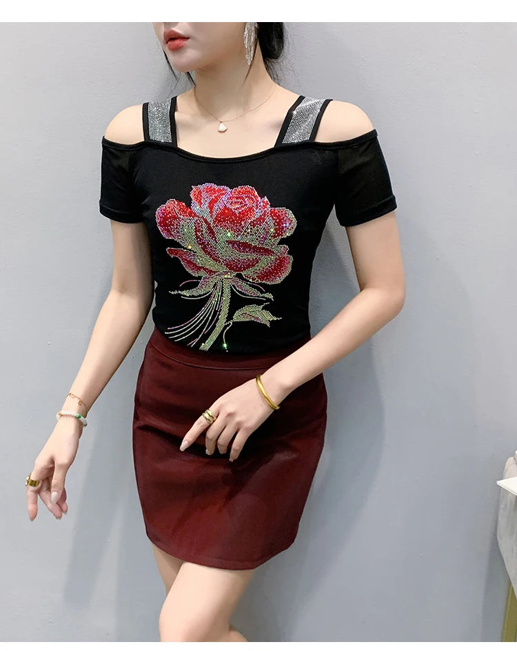 M-3XL Summer European Women's Clothes High Quality T-Shirt Luxury Hot Diamonds Design Slim Tees Sexy Girls Streetwear Tops NovaCart