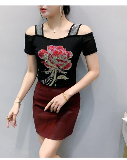 M-3XL Summer European Women's Clothes High Quality T-Shirt Luxury Hot Diamonds Design Slim Tees Sexy Girls Streetwear Tops NovaCart