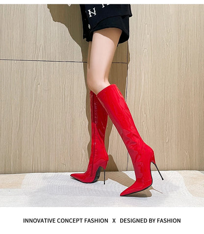 Knee-High Pointy Toe Women Boots 13cm Ultra Thin Steel High Heels Metal Heel Patent Leather Wide Calf Boots for Women Plus Size NovaCart