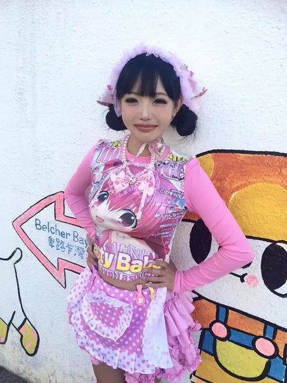 Deeptown Harajuku Kawaii Anime Graphic T Shirts Women Cutecore Cartoon Patchwork Tees Y2K Aesthetic Slim Crop Top Japanese 2000s NovaCart