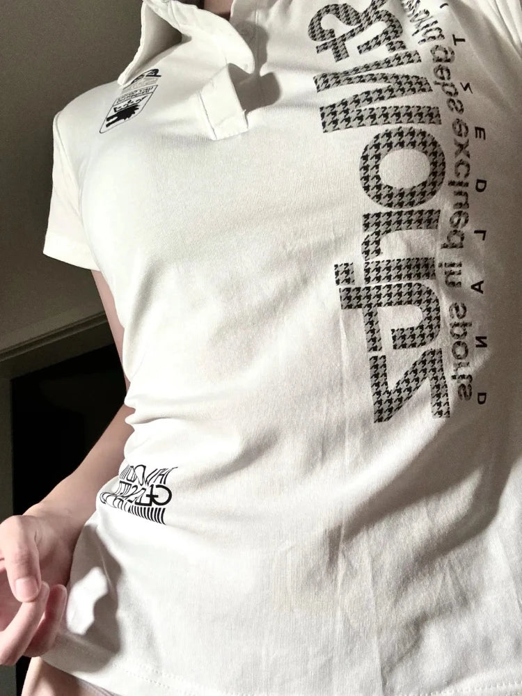 Y2K Japanese Streetwear Polo Shirt Women Slim Crop Tee 2025 White Short Sleeve Tops Letter Badge Houndstooth Vintage Harajuku NovaCart