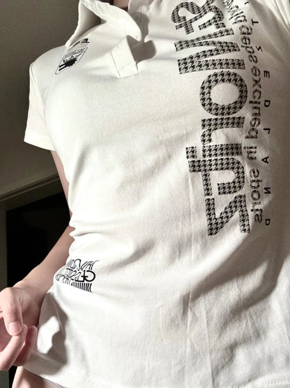 Y2K Japanese Streetwear Polo Shirt Women Slim Crop Tee 2025 White Short Sleeve Tops Letter Badge Houndstooth Vintage Harajuku NovaCart