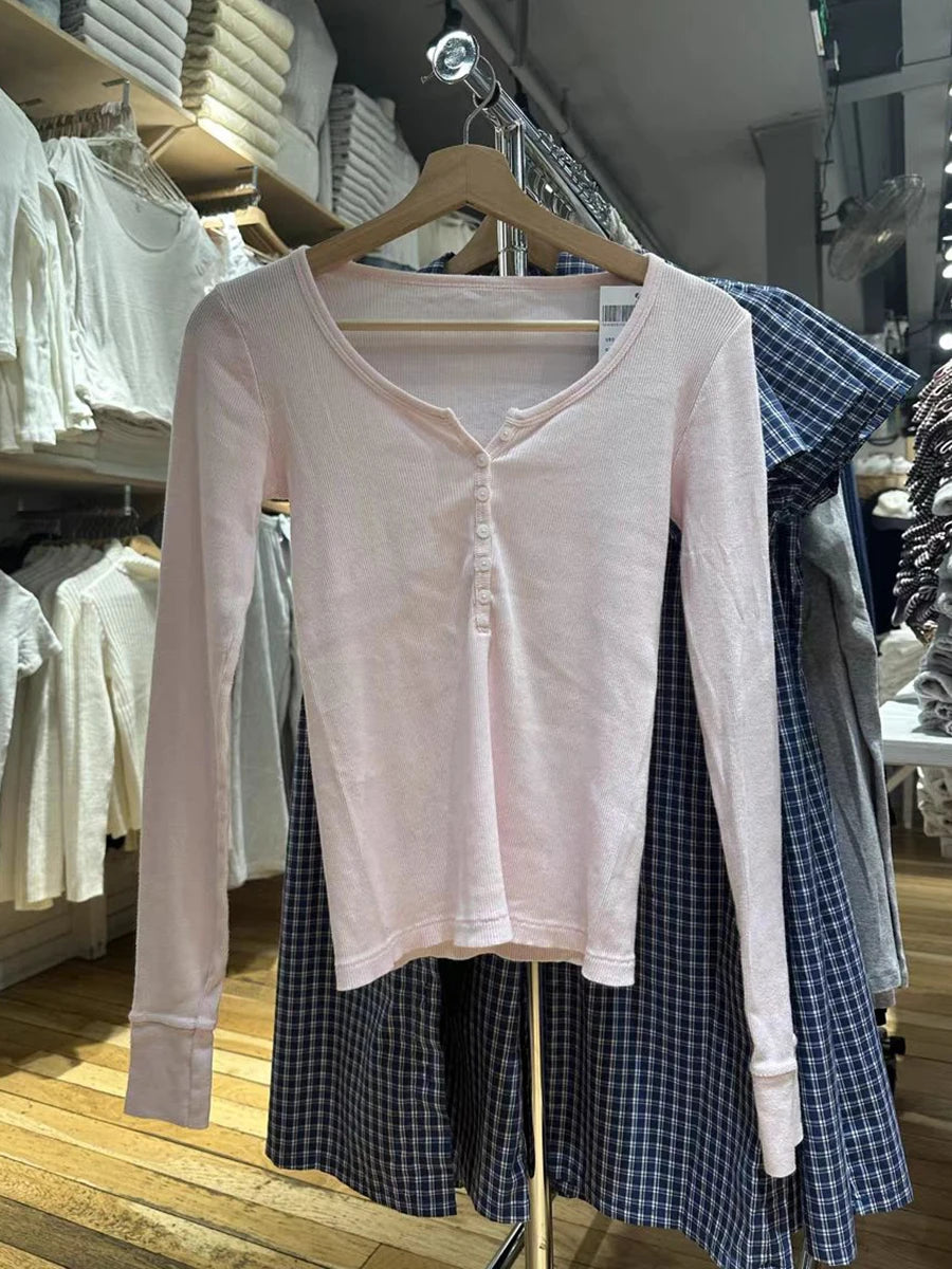 Six Buttons Ribbed Long Sleeve T-shirts Women Spring Round Neck Cotton Slim Tee Top Female Sweet Cute Pink Tshirt Y2k Tops New NovaCart