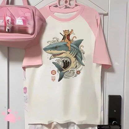 Aesthetics Japanese Grunge T-shirt Y2k Harajuku Anime Cartoon Cat Tops Tees Short Sleeve Women Kawaii Clothing Streetwear NovaCart