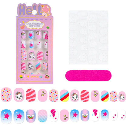 24Pcs/box Kids nails for Girl Cartoon Pattern False Nail Cute Child Fake Nails Tips Kawaii Acrylic Artificial Press on Nail+Tool NovaCart