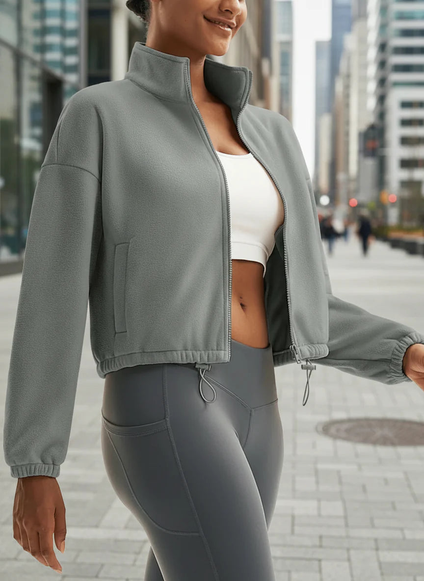 Winter Fleece Cropped Jacket with Stand Collar FitiqueFit