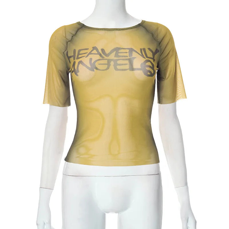 Y2K Letter Print Top See Through Graphic T Shirts For Women Clothing Short Sleeve Aesthetic Ropa De Mujer Skinny Sexy Streetwear NovaCart