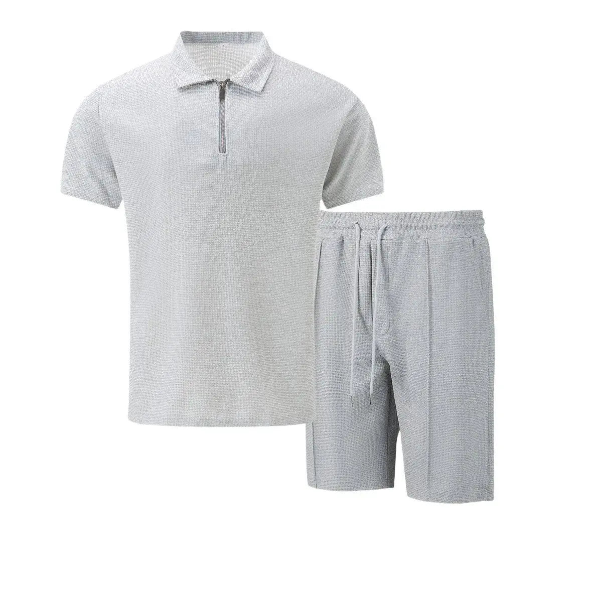 2025 Men Europe and the United States new summer Waffle solid color zip-up lapel short-sleeve suit shorts two sets NovaCart