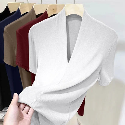 Threaded New Short Sleeved Top for Women Summer Fashion Versatile Base Shirt Plus Size Slim Fit V-neck T-shirt Casual and Sexy NovaCart