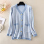 V-neck Striped Cardigans Sweaters Long Sleeve Loose Knitted Open Stitch Outwear