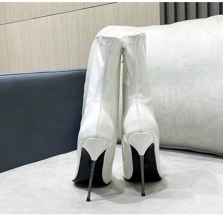 Knee-High Pointy Toe Women Boots 13cm Ultra Thin Steel High Heels Metal Heel Patent Leather Wide Calf Boots for Women Plus Size NovaCart