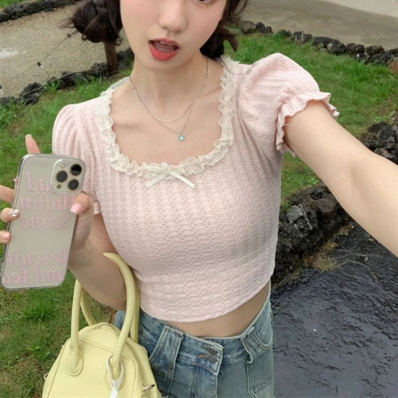 Deeptown Harajuku Kawaii Anime Graphic T Shirts Women Cutecore Cartoon Patchwork Tees Y2K Aesthetic Slim Crop Top Japanese 2000s NovaCart