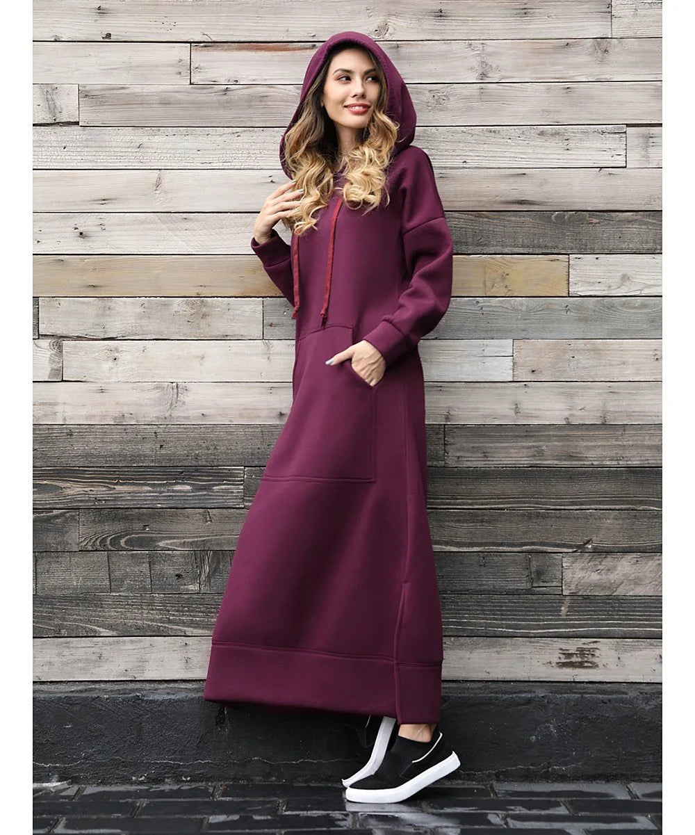 Hoodies Dress For Women Fashion 2025 Hem Lace-up Midi Robe Hooded Long Dress Autumn Winter Warm Casual Loose Sweatshirt Vestidos NovaCart