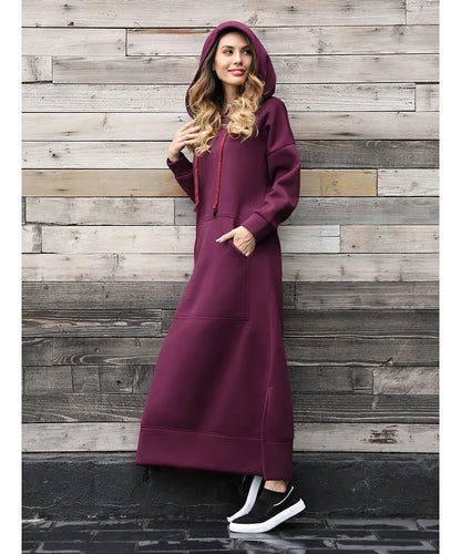 Hoodies Dress For Women Fashion 2025 Hem Lace-up Midi Robe Hooded Long Dress Autumn Winter Warm Casual Loose Sweatshirt Vestidos NovaCart
