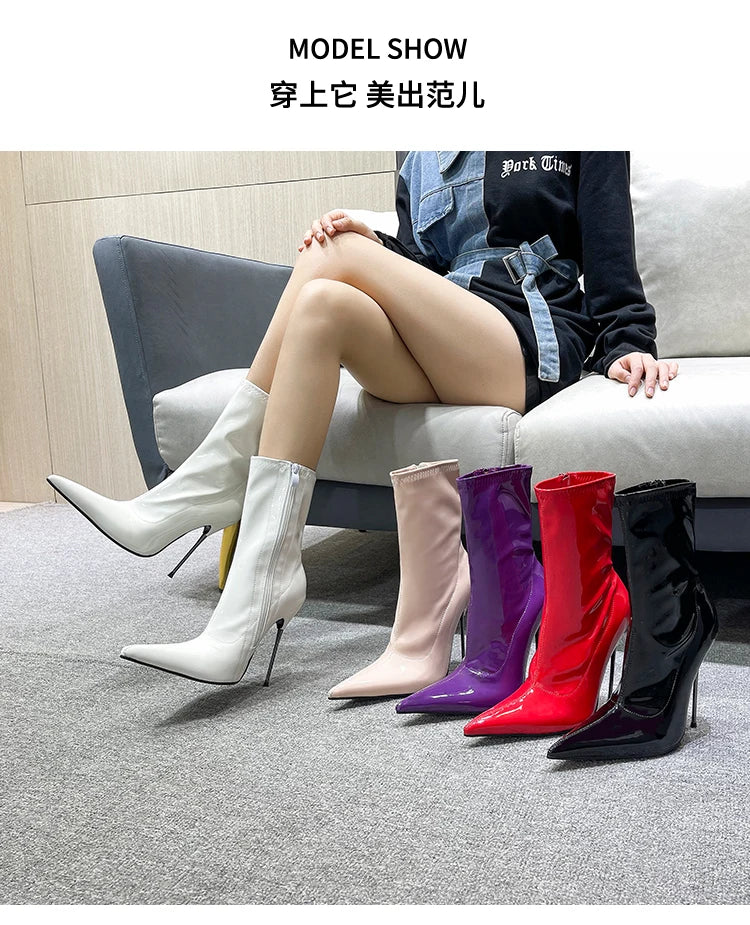 Knee-High Pointy Toe Women Boots 13cm Ultra Thin Steel High Heels Metal Heel Patent Leather Wide Calf Boots for Women Plus Size NovaCart