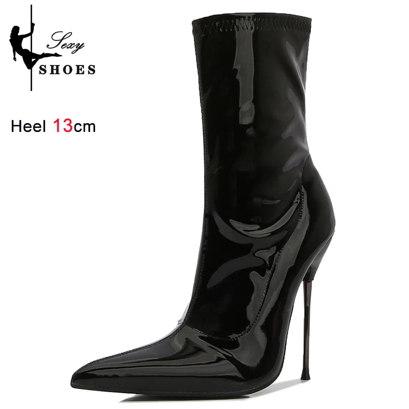 Knee-High Pointy Toe Women Boots 13cm Ultra Thin Steel High Heels Metal Heel Patent Leather Wide Calf Boots for Women Plus Size NovaCart