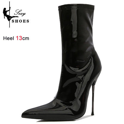 Knee-High Pointy Toe Women Boots 13cm Ultra Thin Steel High Heels Metal Heel Patent Leather Wide Calf Boots for Women Plus Size NovaCart