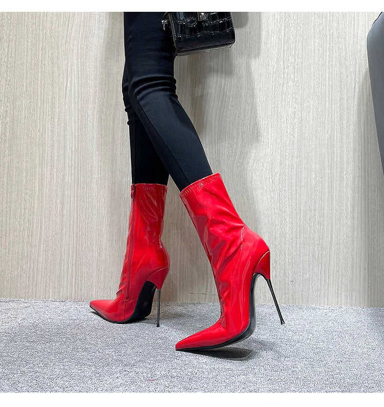 Knee-High Pointy Toe Women Boots 13cm Ultra Thin Steel High Heels Metal Heel Patent Leather Wide Calf Boots for Women Plus Size NovaCart