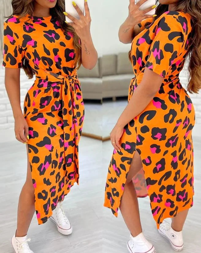 White Leopard Print Dress Tied Detail Slit Side Split Dress