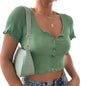 Women clothes Ladies Button Square Neck Tops Short Sleeve square collar pullover T-shirts