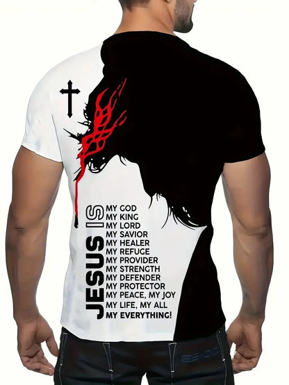 1pc Men'S Casual Polyester T-Shirt with 3D Jesus Graphic Print,Crew Neck,Short Sleeve,Slight Stretch Knit Fabri NovaCart
