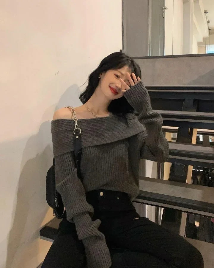 New Arriva Sexy Off-Shoulder Knit Thickened Soft Sweater Women