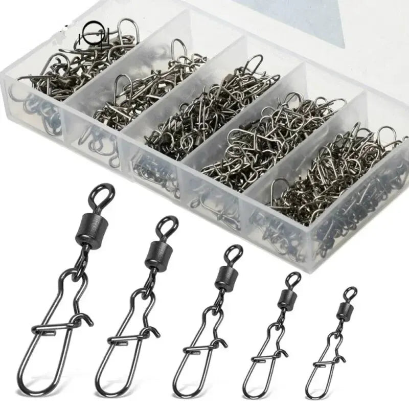 50pc/box Stainless Steel Fishing Connector Pin 4# 6# 8#10#12# Bearing Rolling Swivel with Snap Fishhook Lure Accessories Pi-Mart