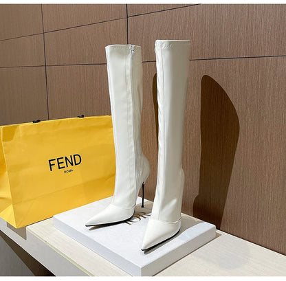 Knee-High Pointy Toe Women Boots 13cm Ultra Thin Steel High Heels Metal Heel Patent Leather Wide Calf Boots for Women Plus Size NovaCart