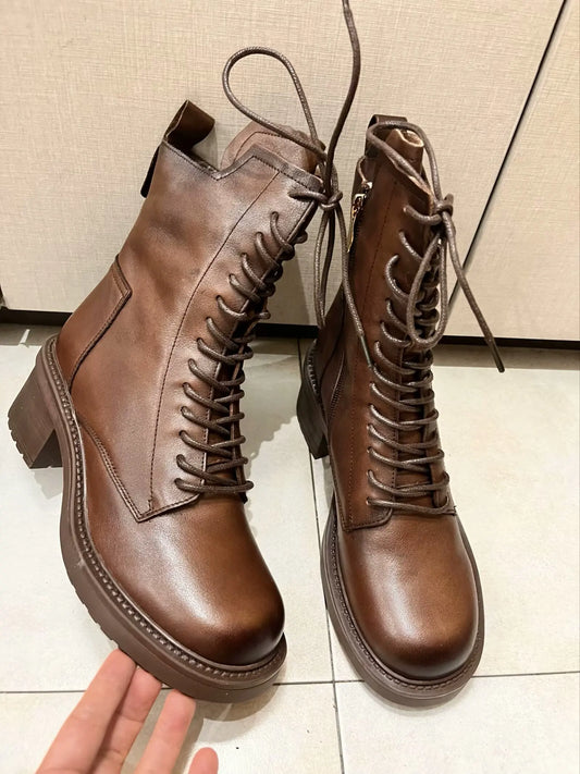 Birkuir Winter Plush Warm Boots Genuine Leather Women Snow Boots 6cm Thick Heel Shoes Handmade Side Zip Leisure Platform Boots NovaCart