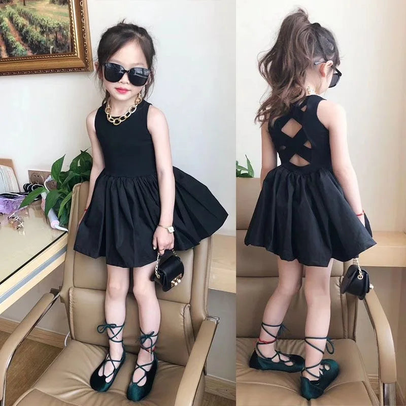 2024 Summer Girls Elegant Goth Dresss Black Sleeveless Tutu Dress Backless Off Shoulder Party Kid Dresses 2 4 5 6 7 8 Years Old NovaCart