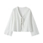 Cotton Linen Lace Up Bow Shirts Women Loose Hollow Out V Neck Long Sleeve Tops