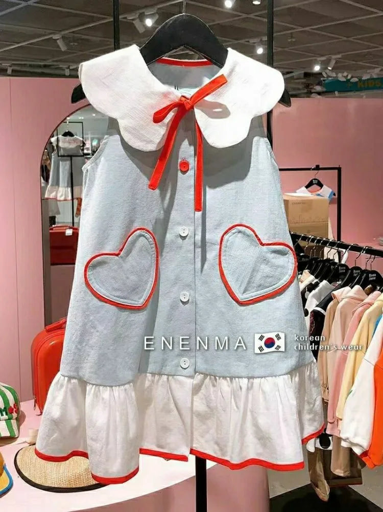 Girls Dress Korean Children's Summer Style Girls' Ruffle Collar Sleeveless Dress Children's Fashionable Love Lace up Vest Skirt NovaCart