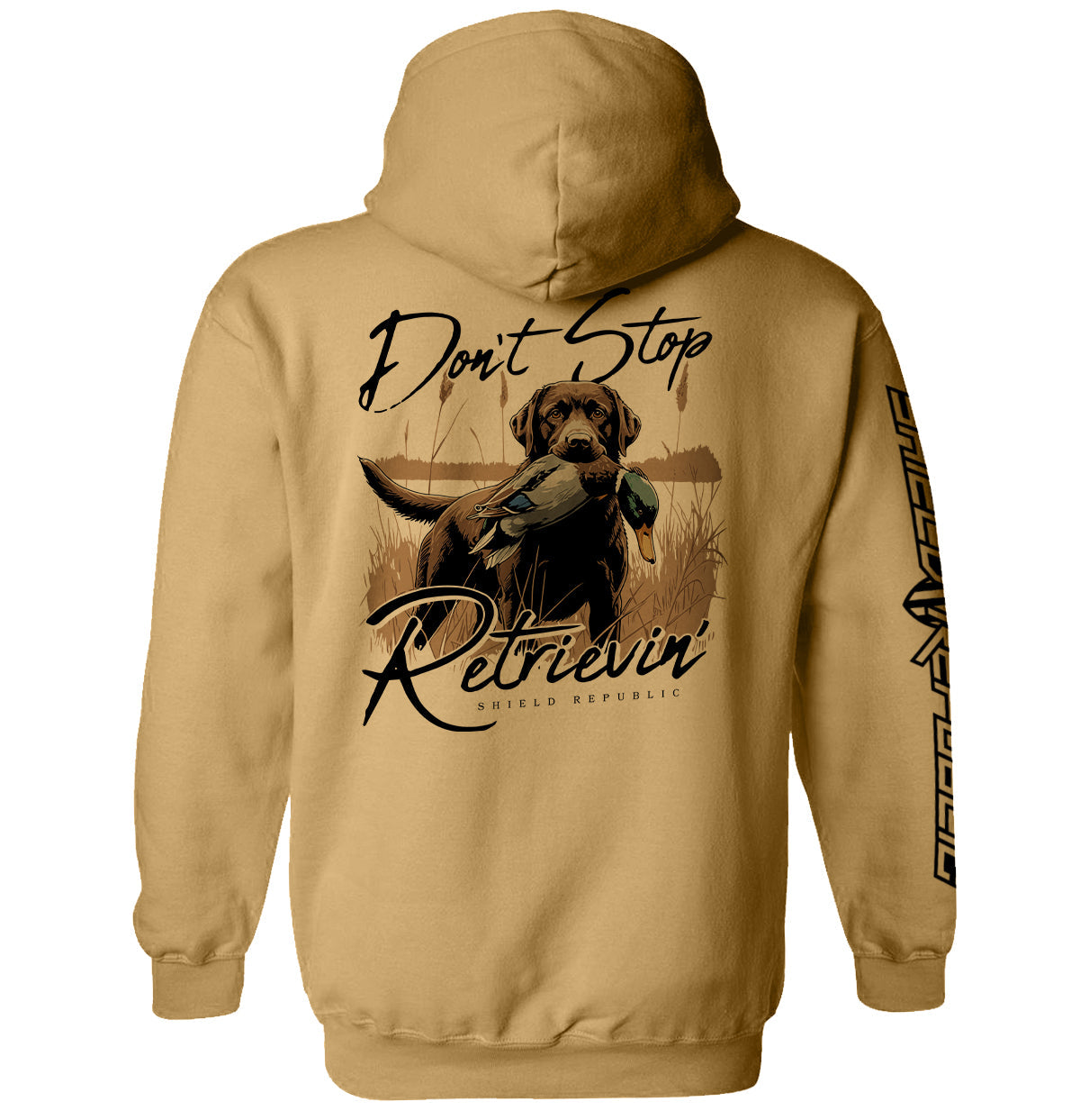 Don't Stop Retrievin' Chocolate Lab Shield Republic