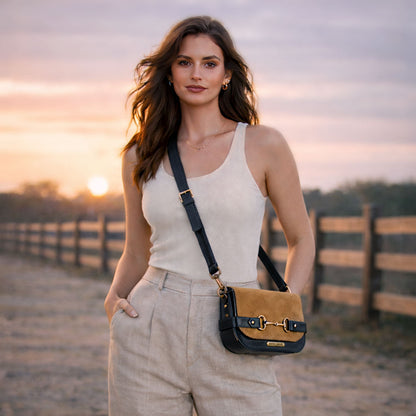 Saratoga- Horse Bit Crossbody Luxury Leather Handbag in Black on Chestnut Urban-Equestrian
