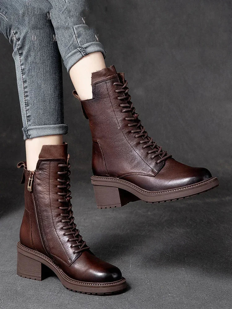Birkuir Winter Plush Warm Boots Genuine Leather Women Snow Boots 6cm Thick Heel Shoes Handmade Side Zip Leisure Platform Boots NovaCart