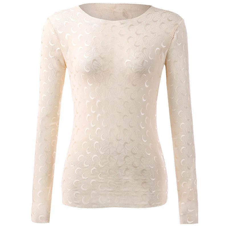 Woman Clothes Korean Moon Print Long Sleeve T-Shirt Fashion Casual Layered Sun Protection Top Ice Silk Basic Tee Spring Autumn NovaCart
