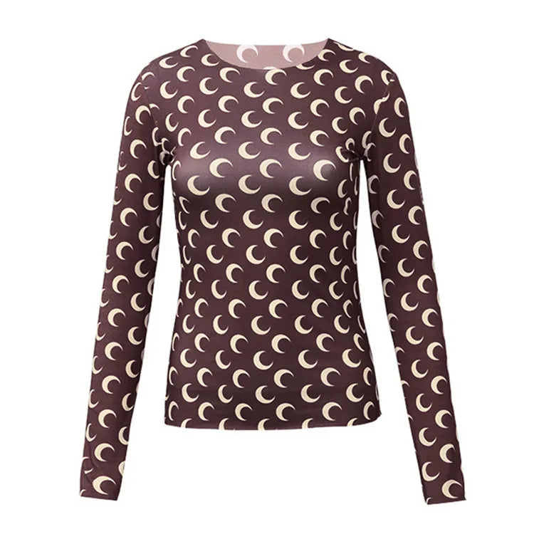 Woman Clothes Korean Moon Print Long Sleeve T-Shirt Fashion Casual Layered Sun Protection Top Ice Silk Basic Tee Spring Autumn NovaCart