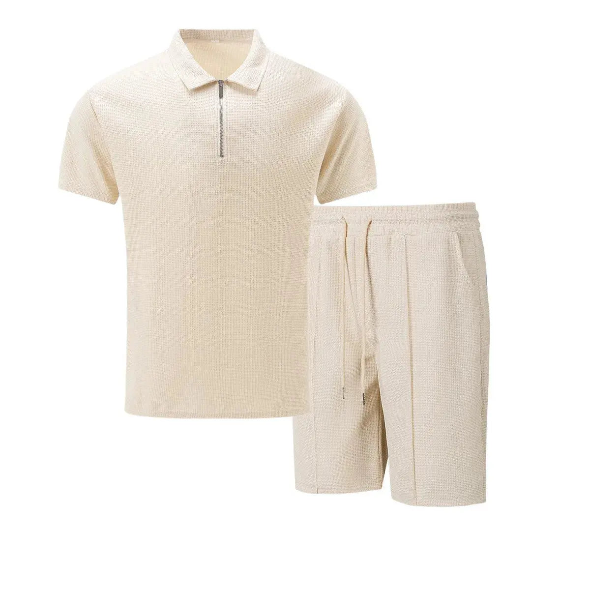 2025 Men Europe and the United States new summer Waffle solid color zip-up lapel short-sleeve suit shorts two sets NovaCart