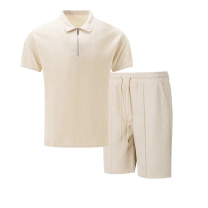 2025 Men Europe and the United States new summer Waffle solid color zip-up lapel short-sleeve suit shorts two sets NovaCart