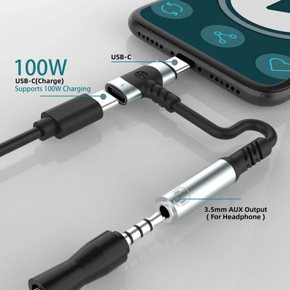2-In-1 USB-C To 3.5mm Audio Adapter 100W PD Fast Charging Aux Mic Jack For Smartphone Tablet Pi-Mart