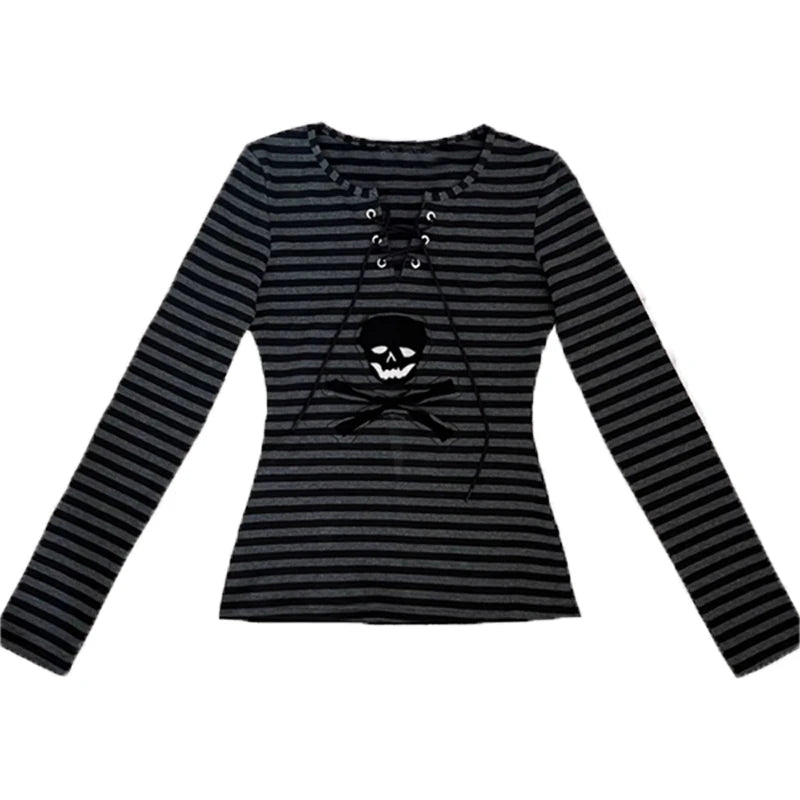 Tonngirls Gothic Retro T-shirt Women Lace Up Striped Casual Shirt Y2k Vintage Print Graphic Tops Streetwear american Grunge Tops NovaCart
