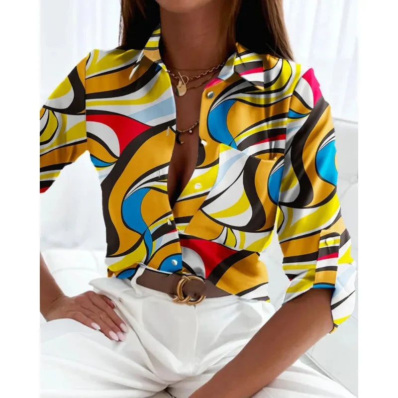Women’s Printed Long-Sleeve Lapel Shirt | Casual Elegant Blouse FitiqueFit