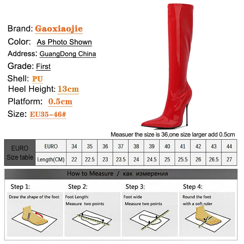 Knee-High Pointy Toe Women Boots 13cm Ultra Thin Steel High Heels Metal Heel Patent Leather Wide Calf Boots for Women Plus Size NovaCart