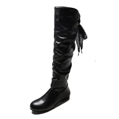 2024Shoes For Women  Knee High Boots Red Black White Tall Boots Woman Pleated Low Heel Casual Leather Female Long Shoes NovaCart