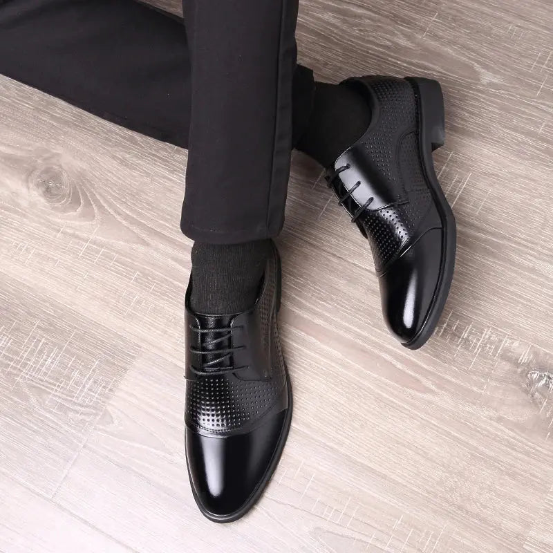 Flat / 6CM Genuine Leather Men Formal Elevator Shoes Wedding Business Height Increase Lift Shoes Invisible Summer Hollow Wedding NovaCart