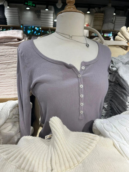 Six Buttons Ribbed Long Sleeve T-shirts Women Spring Round Neck Cotton Slim Tee Top Female Sweet Cute Pink Tshirt Y2k Tops New NovaCart